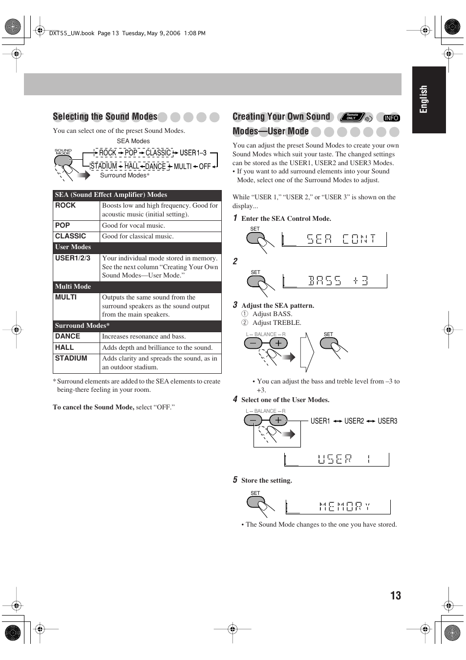 English selecting the sound modes, Creating your own sound modes—user mode | JVC DX-T55 User Manual | Page 17 / 144