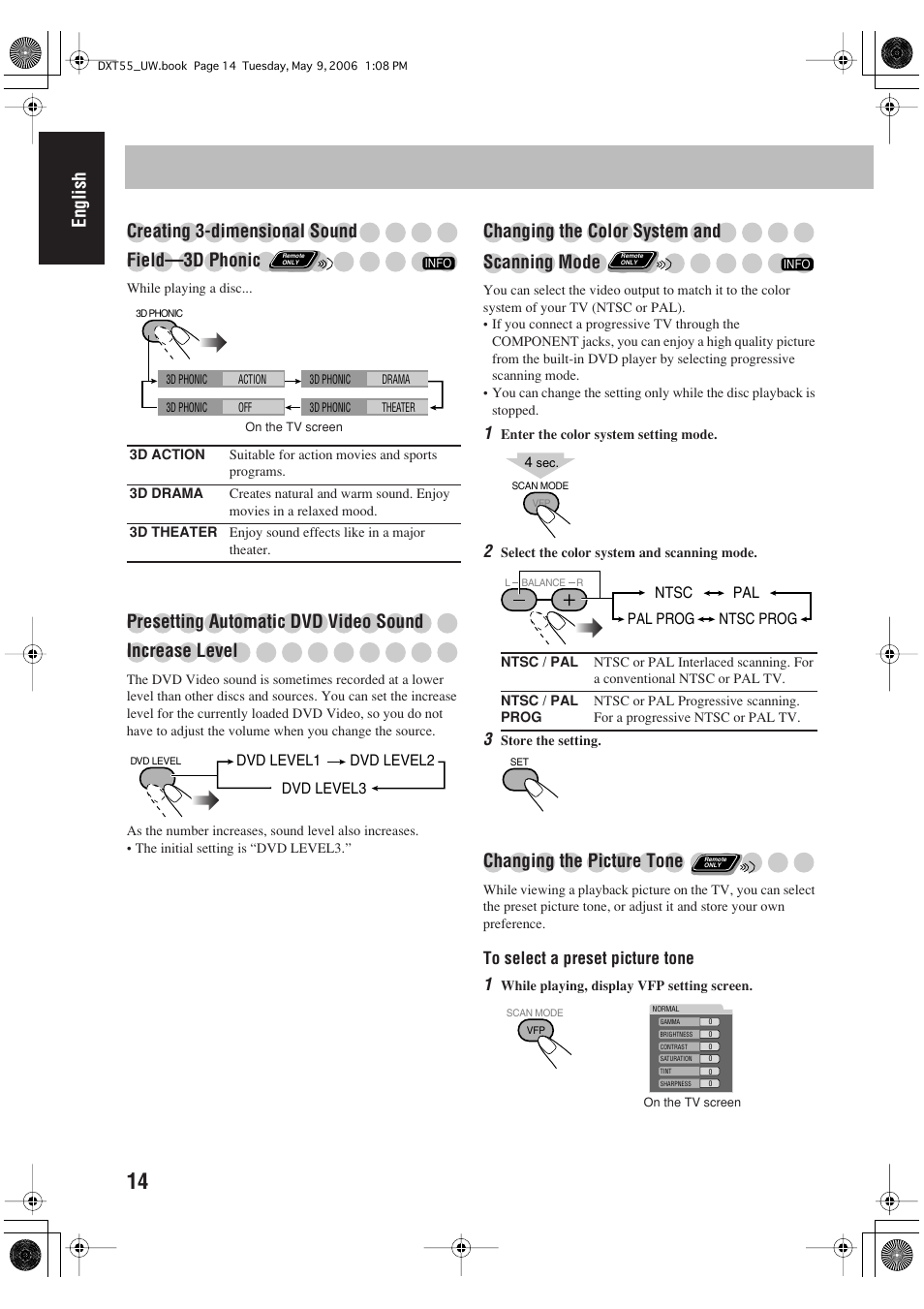 Changing the color system and scanning mode, Changing the picture tone | JVC DX-T55 User Manual | Page 18 / 144