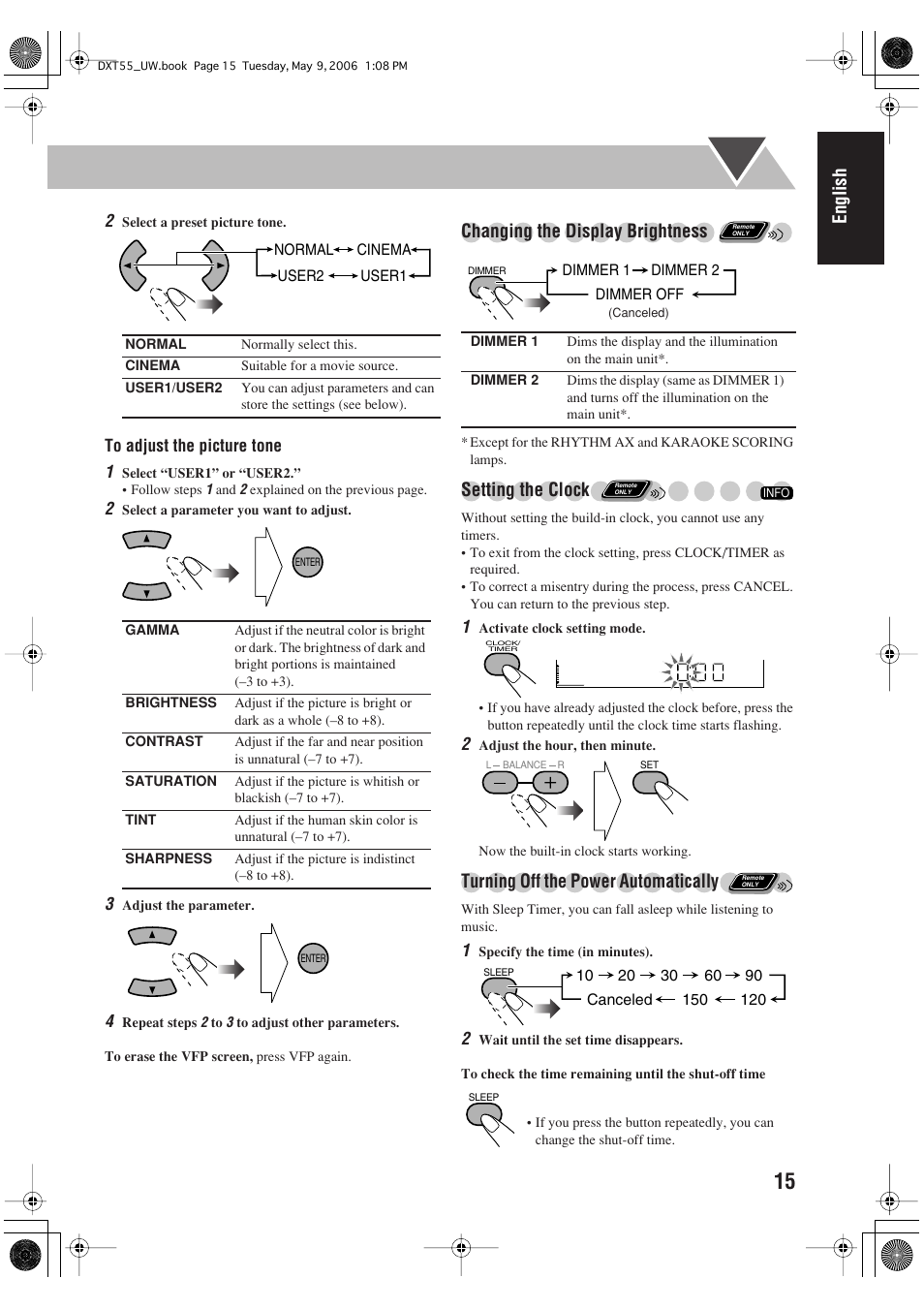 English, Changing the display brightness, Setting the clock | Turning off the power automatically | JVC DX-T55 User Manual | Page 19 / 144