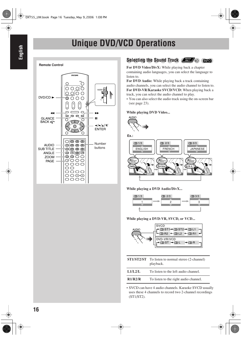 Unique dvd/vcd operations, English, Selecting the sound track | JVC DX-T55 User Manual | Page 20 / 144