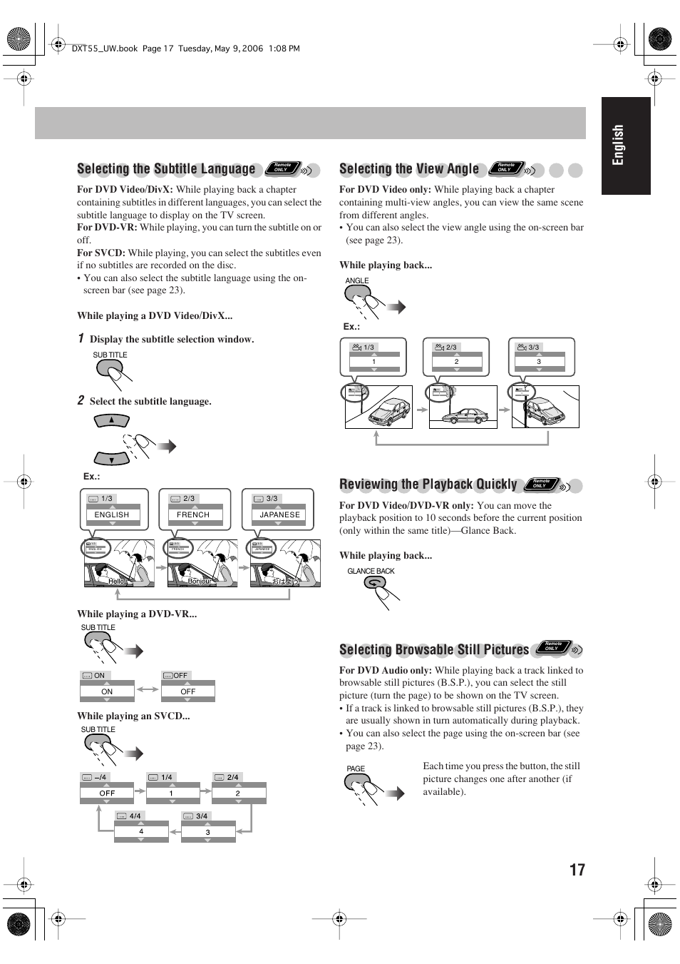 English selecting the subtitle language, Selecting the view angle, Reviewing the playback quickly | Selecting browsable still pictures | JVC DX-T55 User Manual | Page 21 / 144