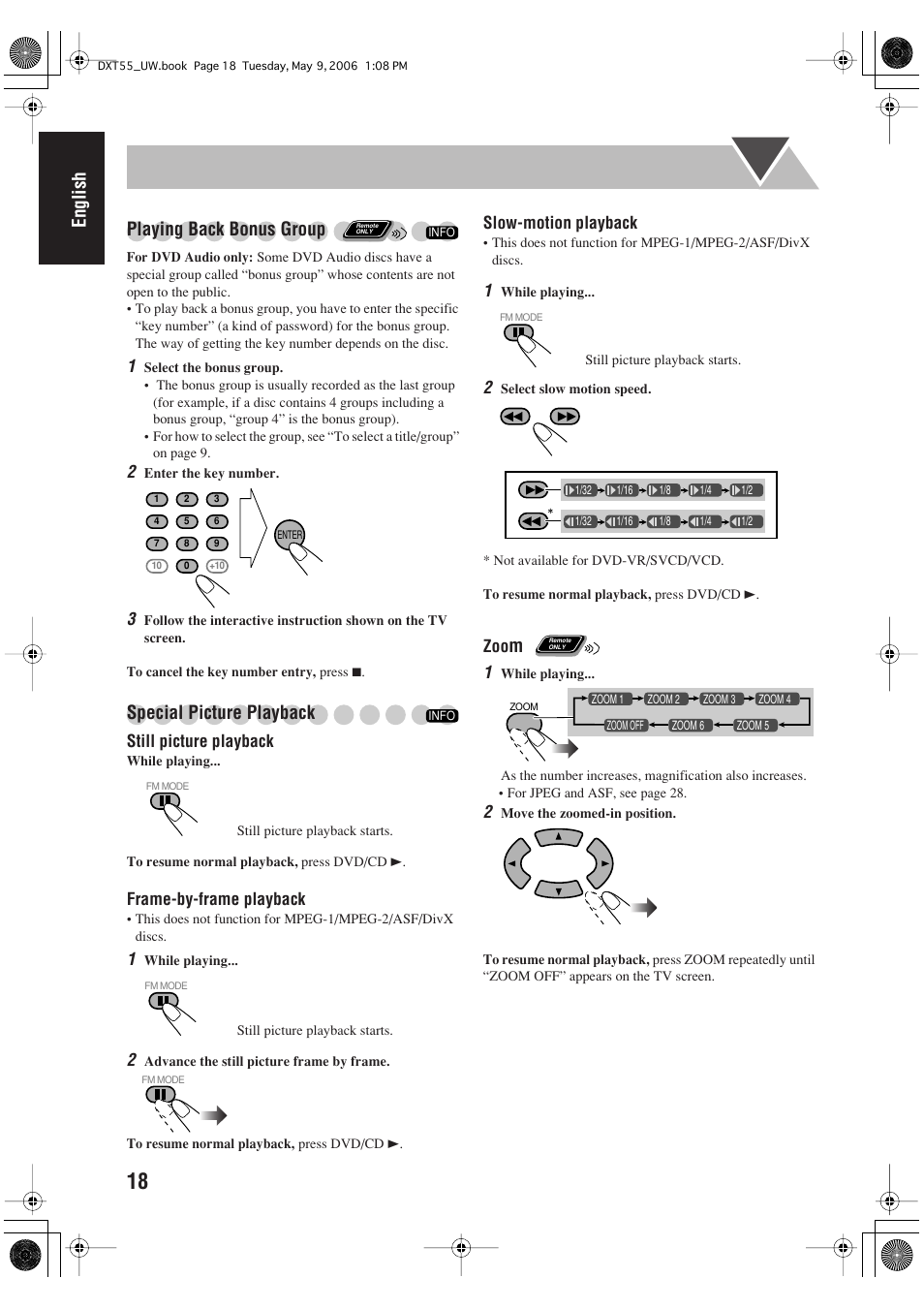 English playing back bonus group, Special picture playback | JVC DX-T55 User Manual | Page 22 / 144