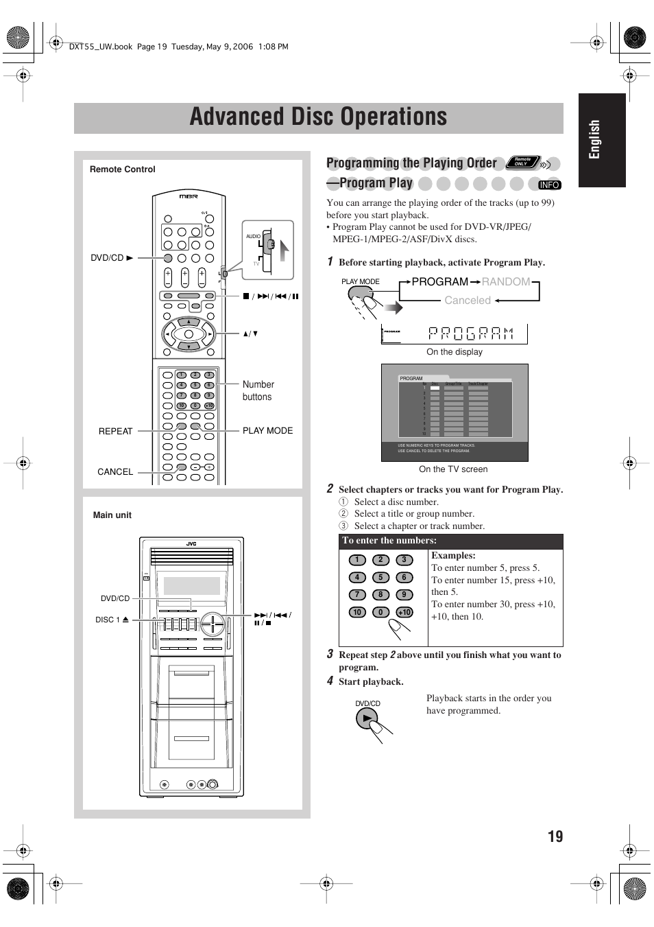 Advanced disc operations, English, Programming the playing order —program play | Program random canceled | JVC DX-T55 User Manual | Page 23 / 144