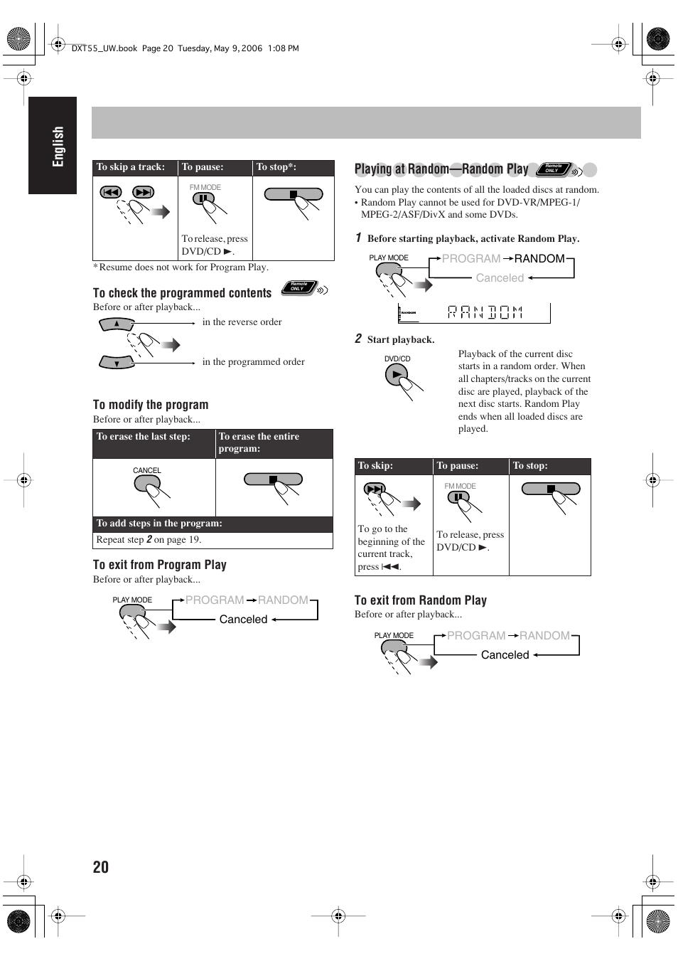 English, Playing at random—random play | JVC DX-T55 User Manual | Page 24 / 144