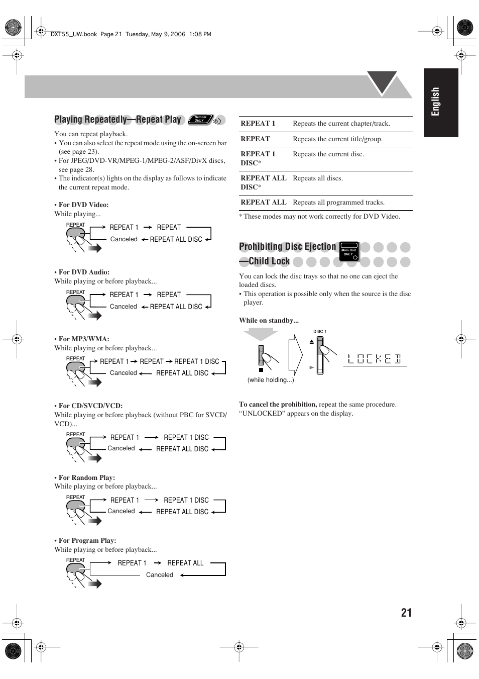 English, Playing repeatedly—repeat play, Prohibiting disc ejection —child lock | JVC DX-T55 User Manual | Page 25 / 144