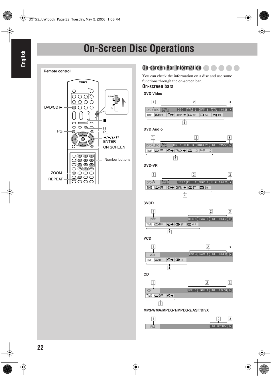 On-screen disc operations, English, On-screen bar information | On-screen bars | JVC DX-T55 User Manual | Page 26 / 144