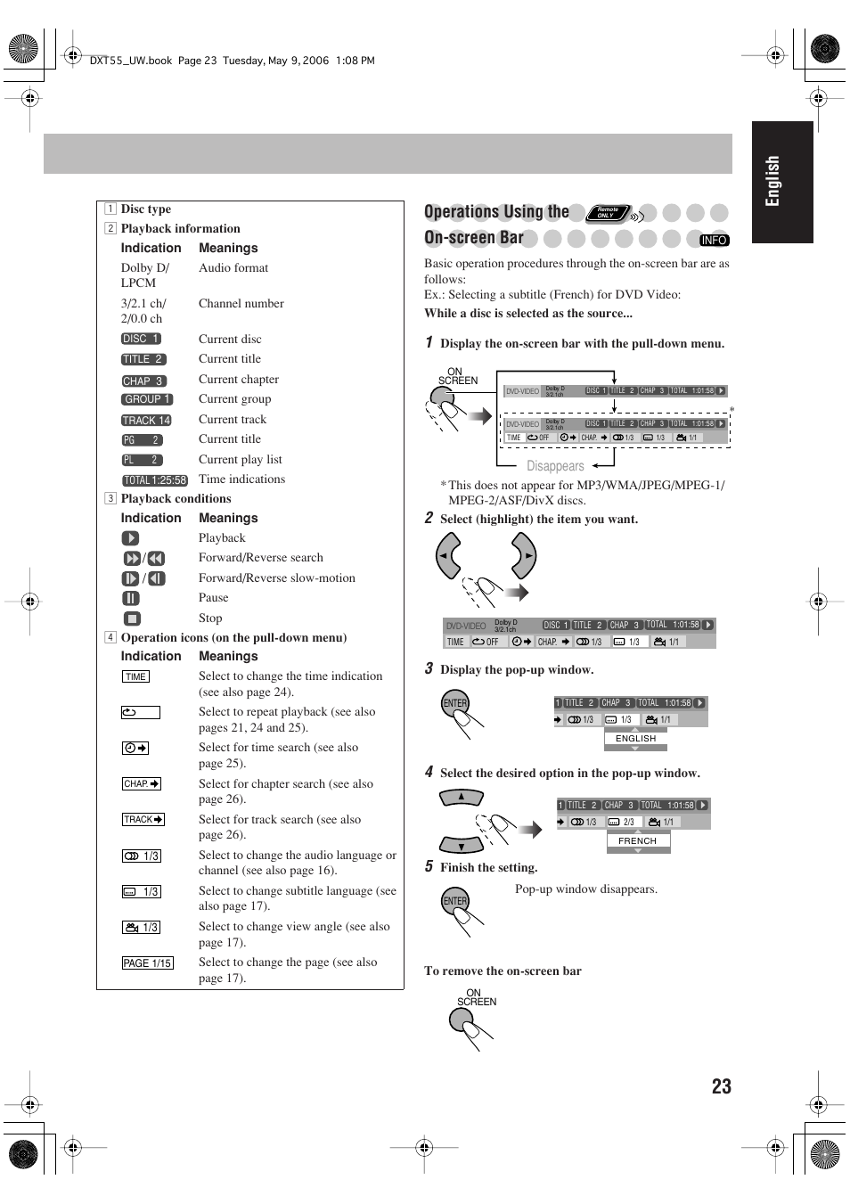 English, Operations using the on-screen bar | JVC DX-T55 User Manual | Page 27 / 144