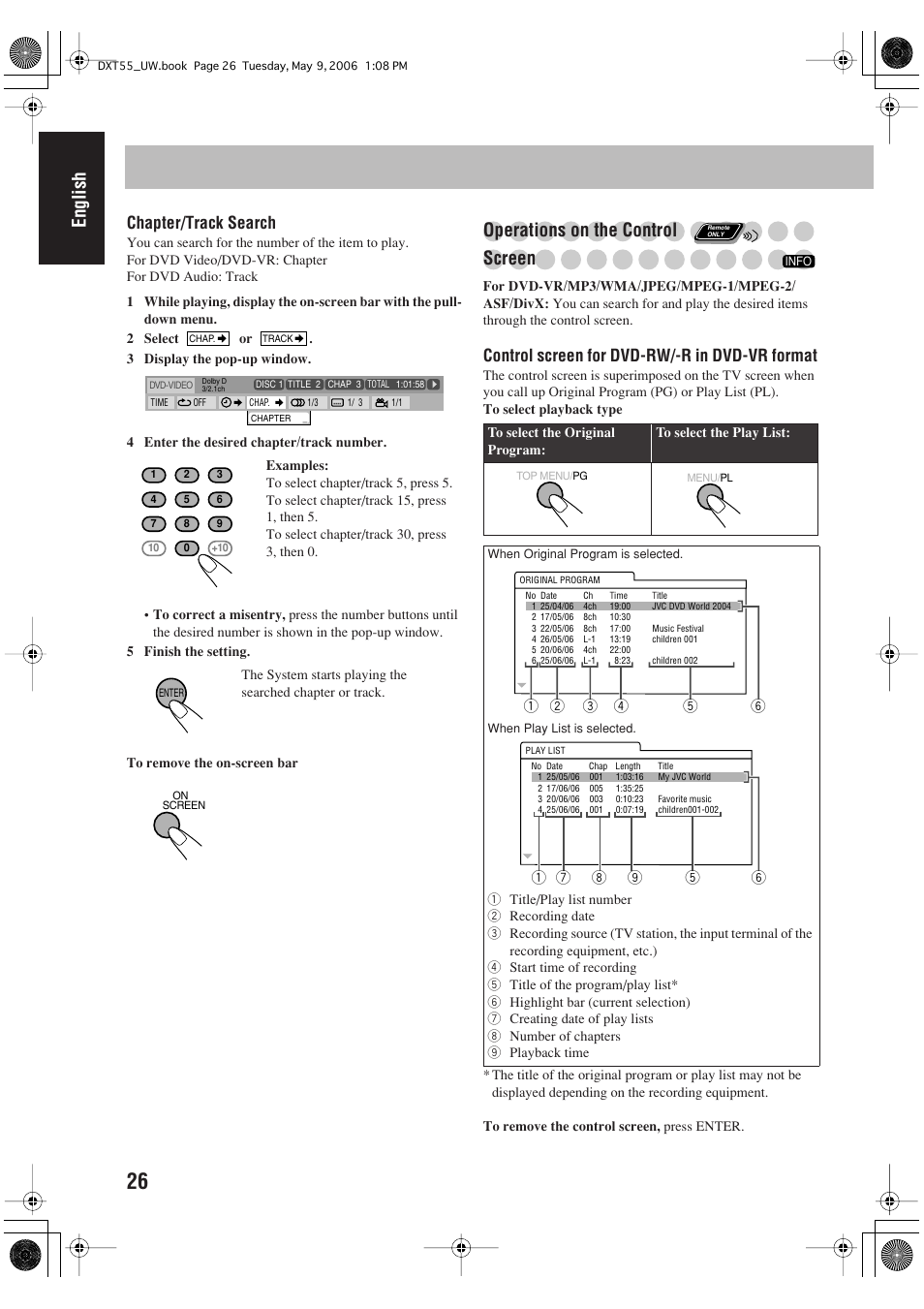 English, Operations on the control screen, Chapter/track search | Control screen for dvd-rw/-r in dvd-vr format | JVC DX-T55 User Manual | Page 30 / 144