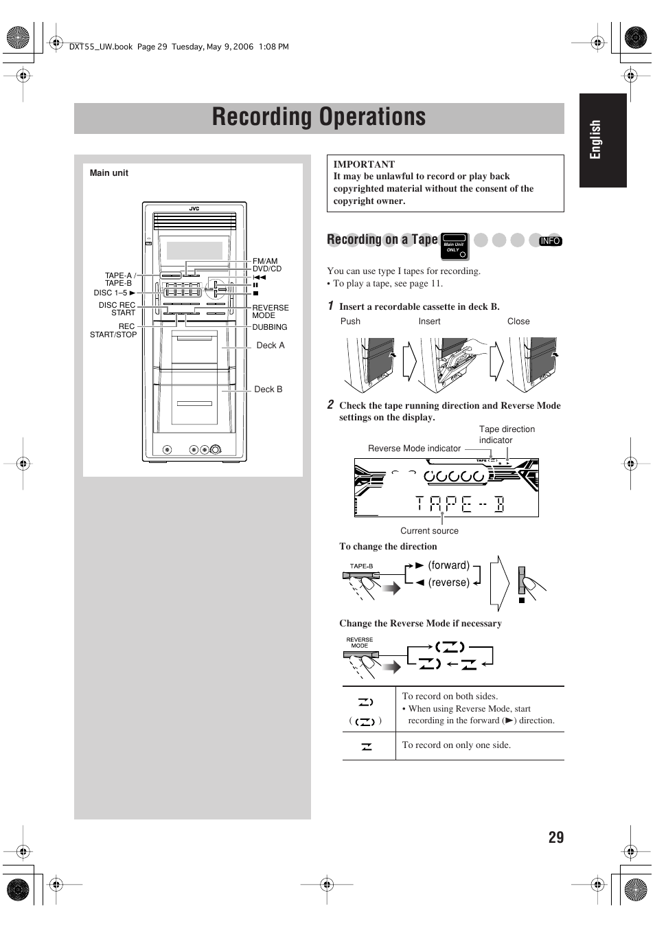 Recording operations, English, Recording on a tape | JVC DX-T55 User Manual | Page 33 / 144