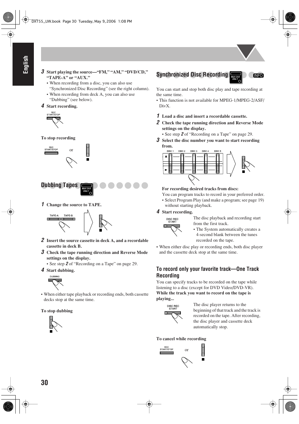 English, Dubbing tapes, Synchronized disc recording | JVC DX-T55 User Manual | Page 34 / 144