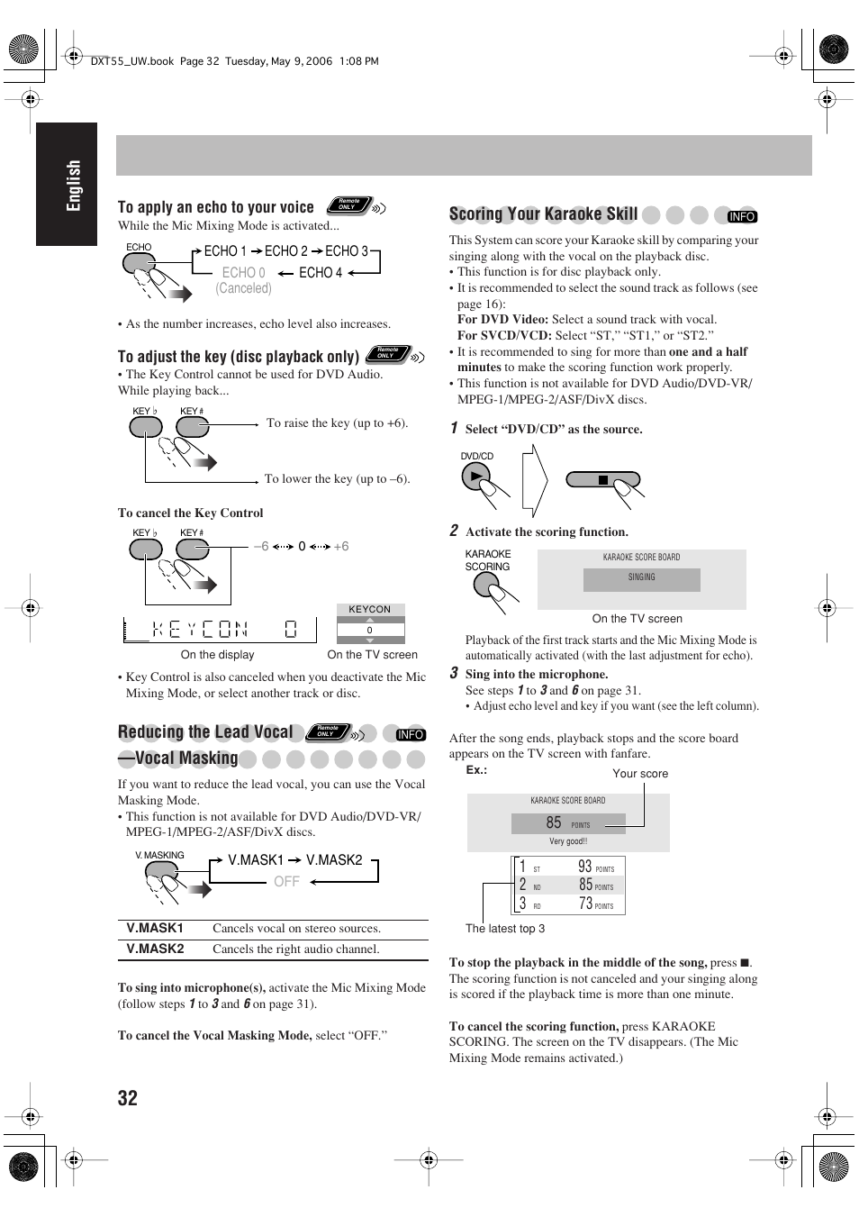 English, Reducing the lead vocal —vocal masking, Scoring your karaoke skill | JVC DX-T55 User Manual | Page 36 / 144