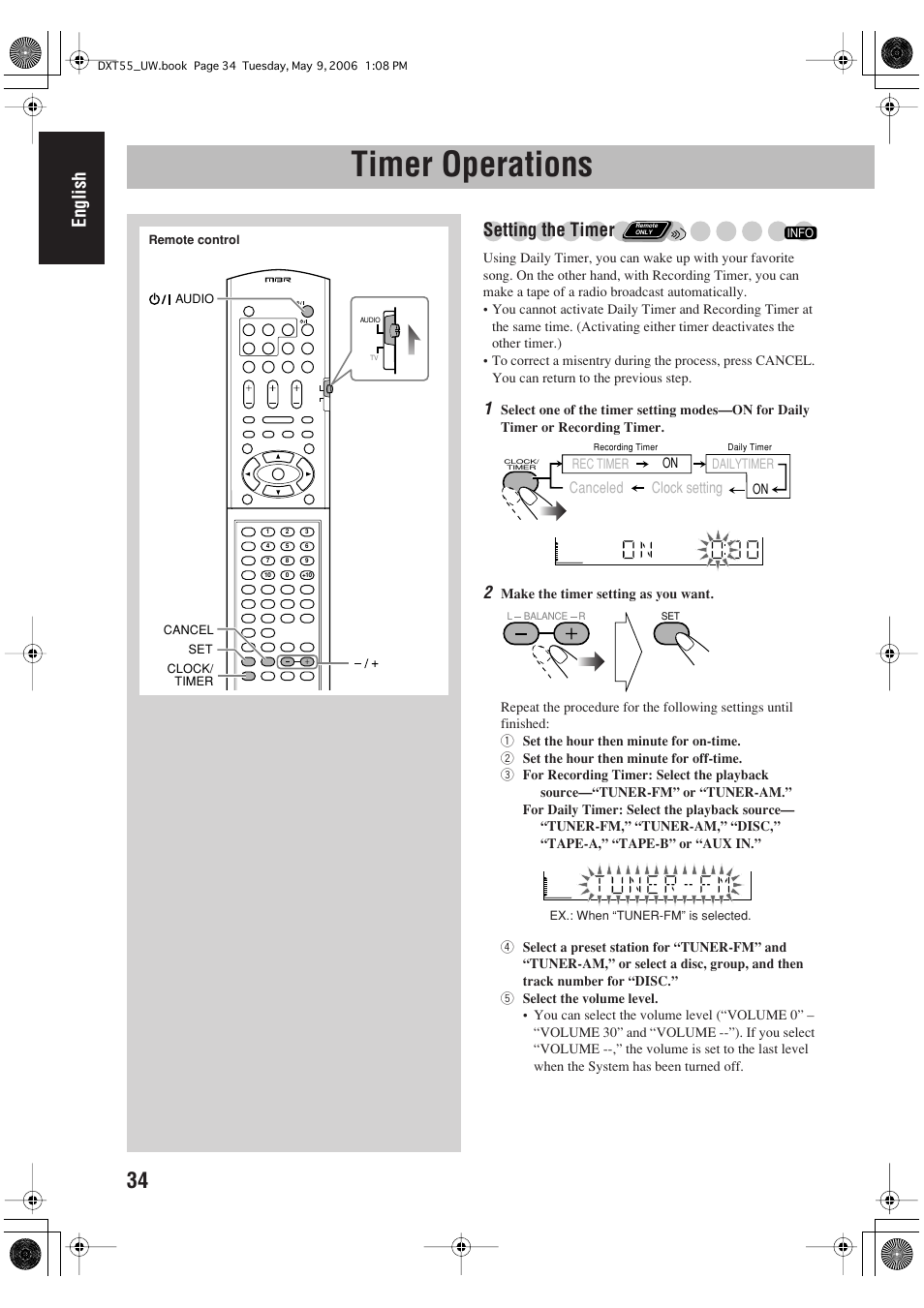 Timer operations, English, Setting the timer | JVC DX-T55 User Manual | Page 38 / 144