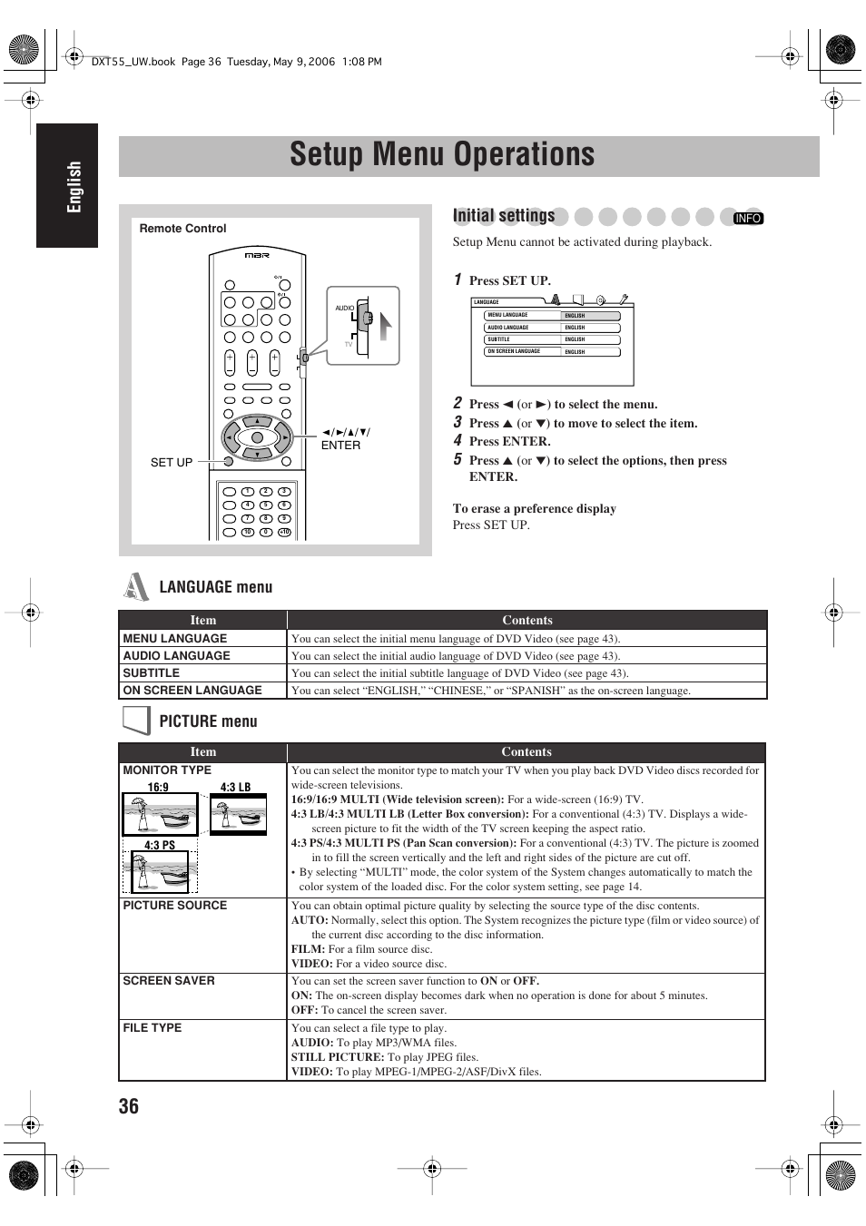 Setup menu operations, English, Initial settings | Language menu picture menu | JVC DX-T55 User Manual | Page 40 / 144