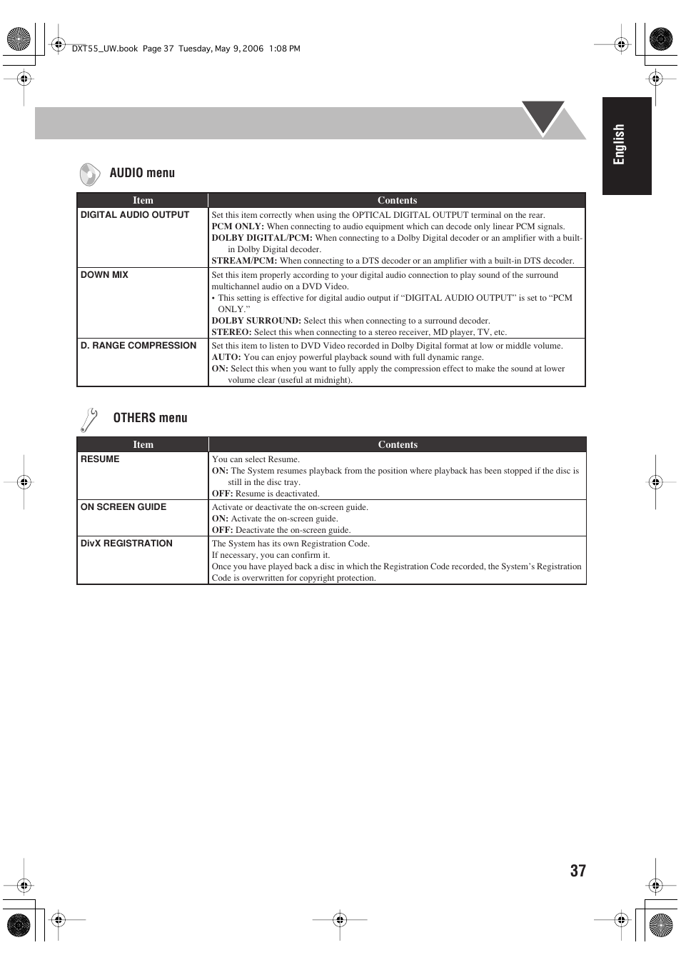 English, Audio menu, Others menu | JVC DX-T55 User Manual | Page 41 / 144