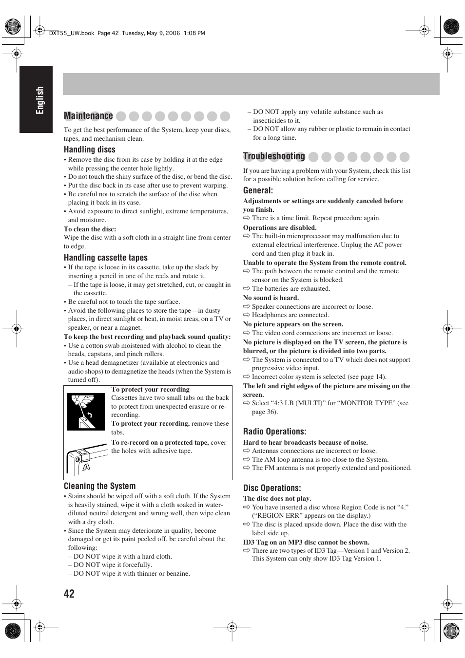 English maintenance, Troubleshooting | JVC DX-T55 User Manual | Page 46 / 144