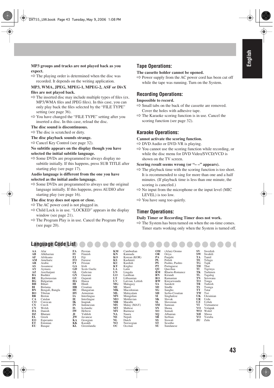 English, Language code list, Tape operations | Recording operations, Karaoke operations, Timer operations | JVC DX-T55 User Manual | Page 47 / 144