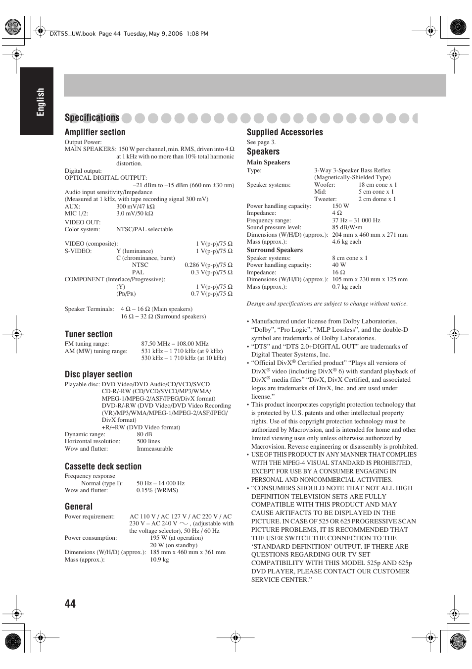 English specifications, General, Supplied accessories | Speakers | JVC DX-T55 User Manual | Page 48 / 144