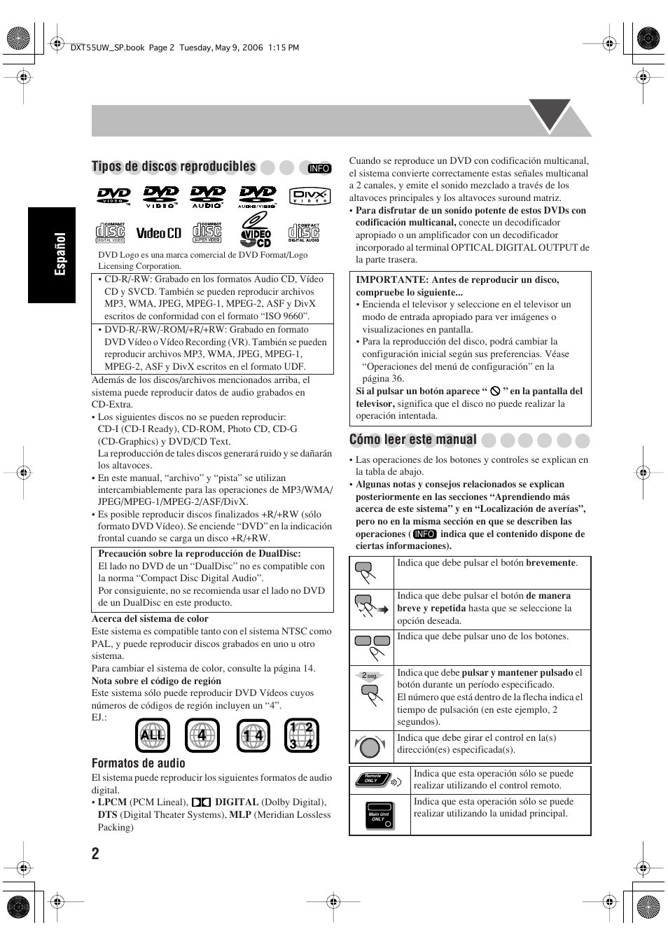 Tipos de discos reproducibles, Cómo leer este manual | JVC DX-T55 User Manual | Page 52 / 144