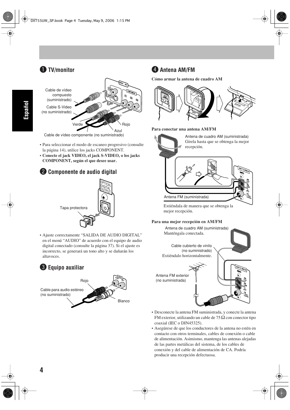 Tv/monitor, Componente de audio digital, Equipo auxiliar | Antena am/fm | JVC DX-T55 User Manual | Page 54 / 144