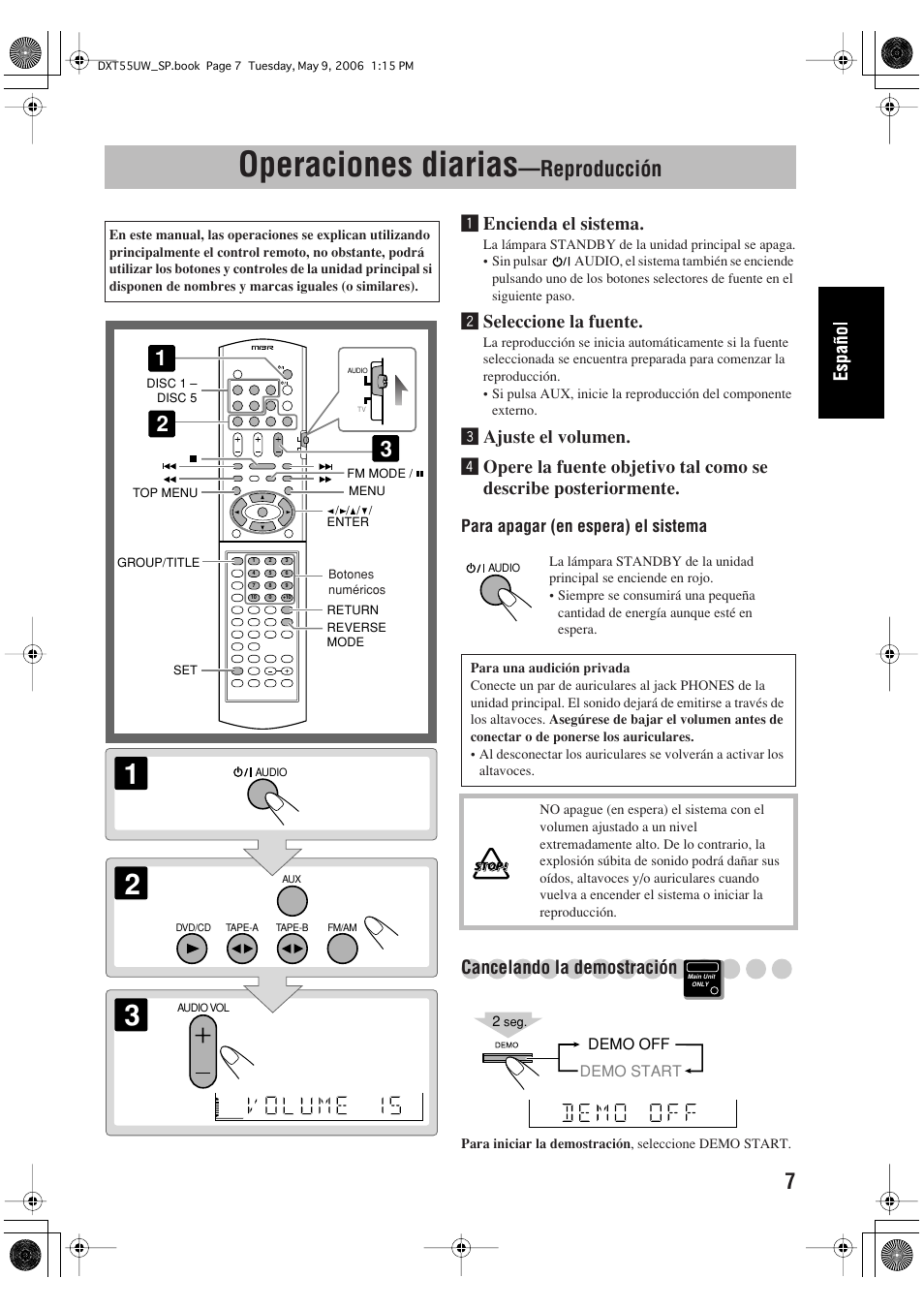 Operaciones diarias, Reproducción, Encienda el sistema | Øseleccione la fuente, Cancelando la demostración | JVC DX-T55 User Manual | Page 57 / 144