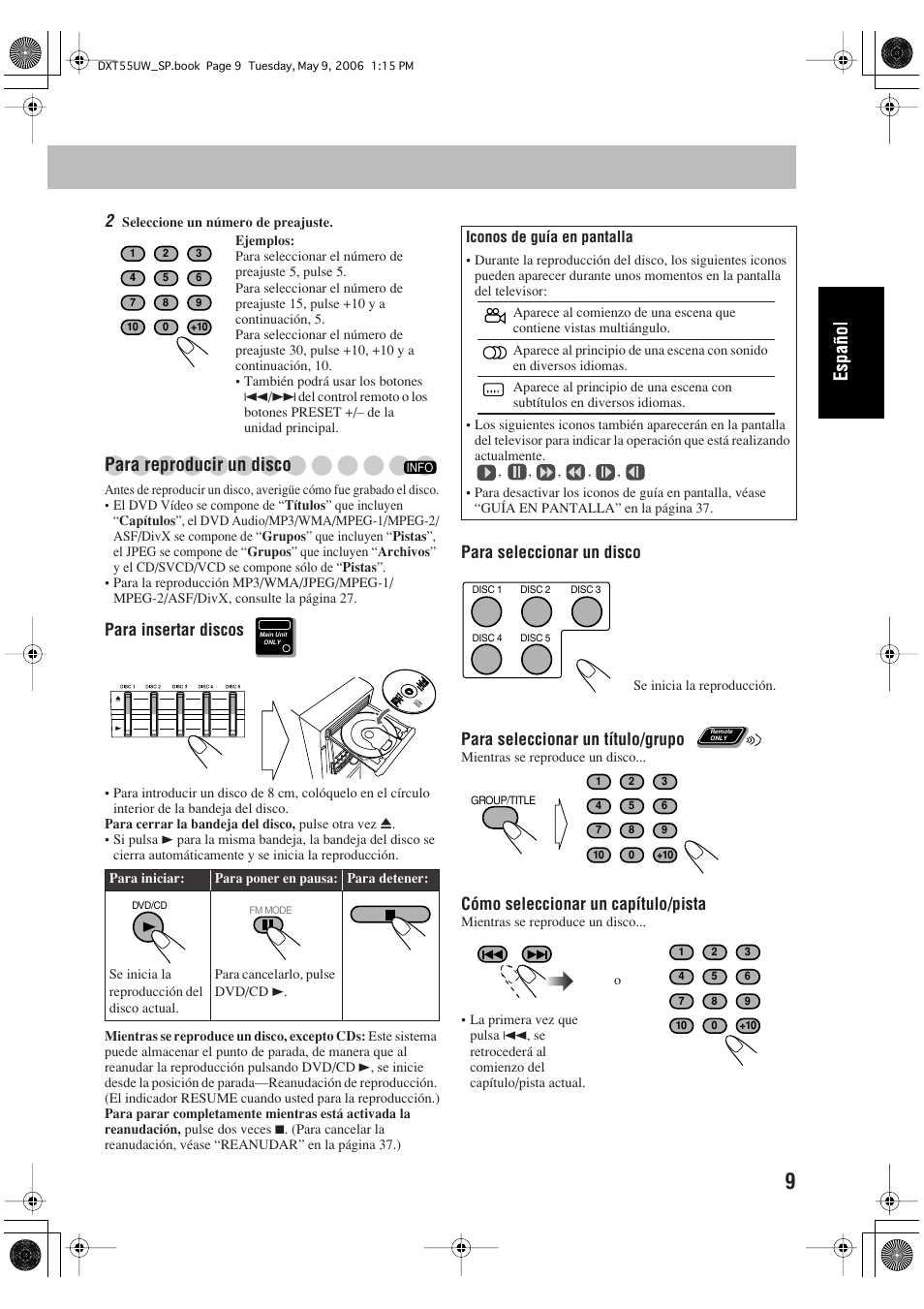 Para reproducir un disco, Para insertar discos, Cómo seleccionar un capítulo/pista | JVC DX-T55 User Manual | Page 59 / 144