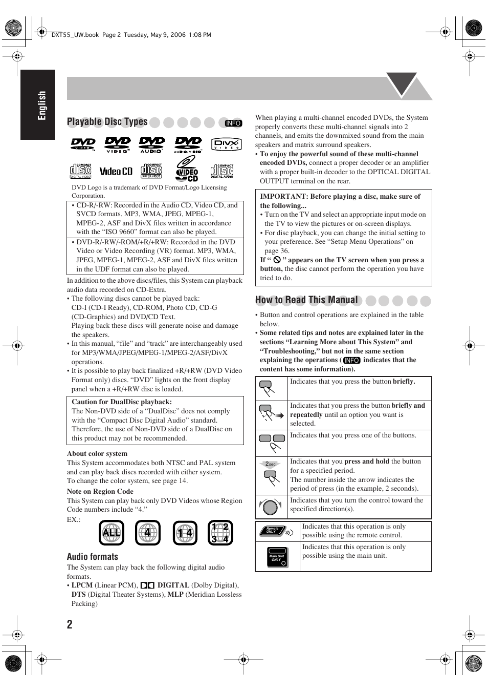 English playable disc types, How to read this manual | JVC DX-T55 User Manual | Page 6 / 144