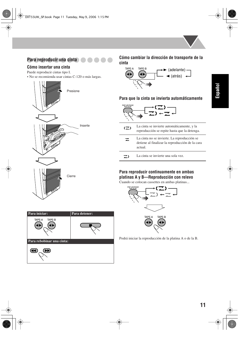 Para reproducir una cinta | JVC DX-T55 User Manual | Page 61 / 144