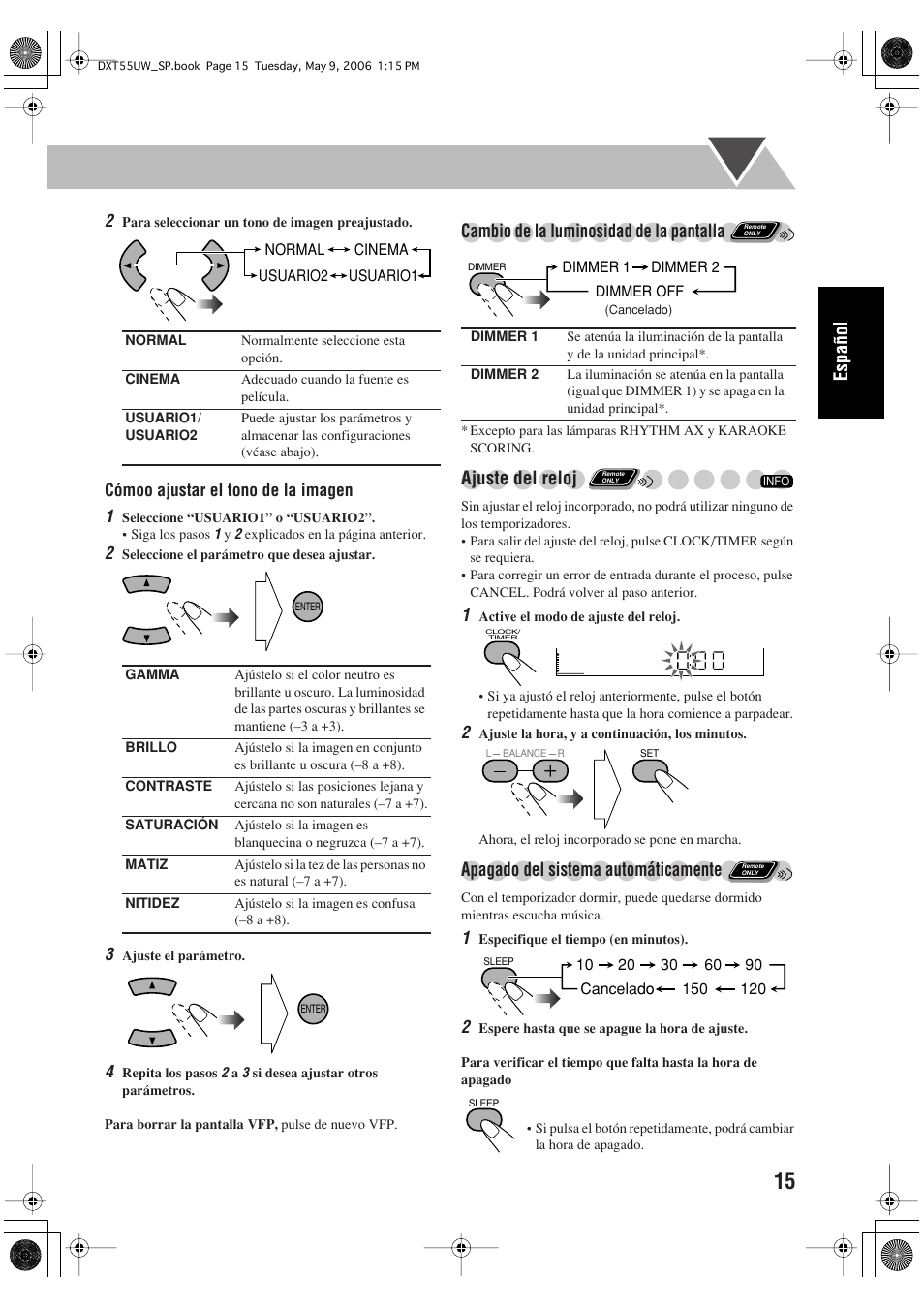 Cambio de la luminosidad de la pantalla, Ajuste del reloj, Apagado del sistema automáticamente | JVC DX-T55 User Manual | Page 65 / 144