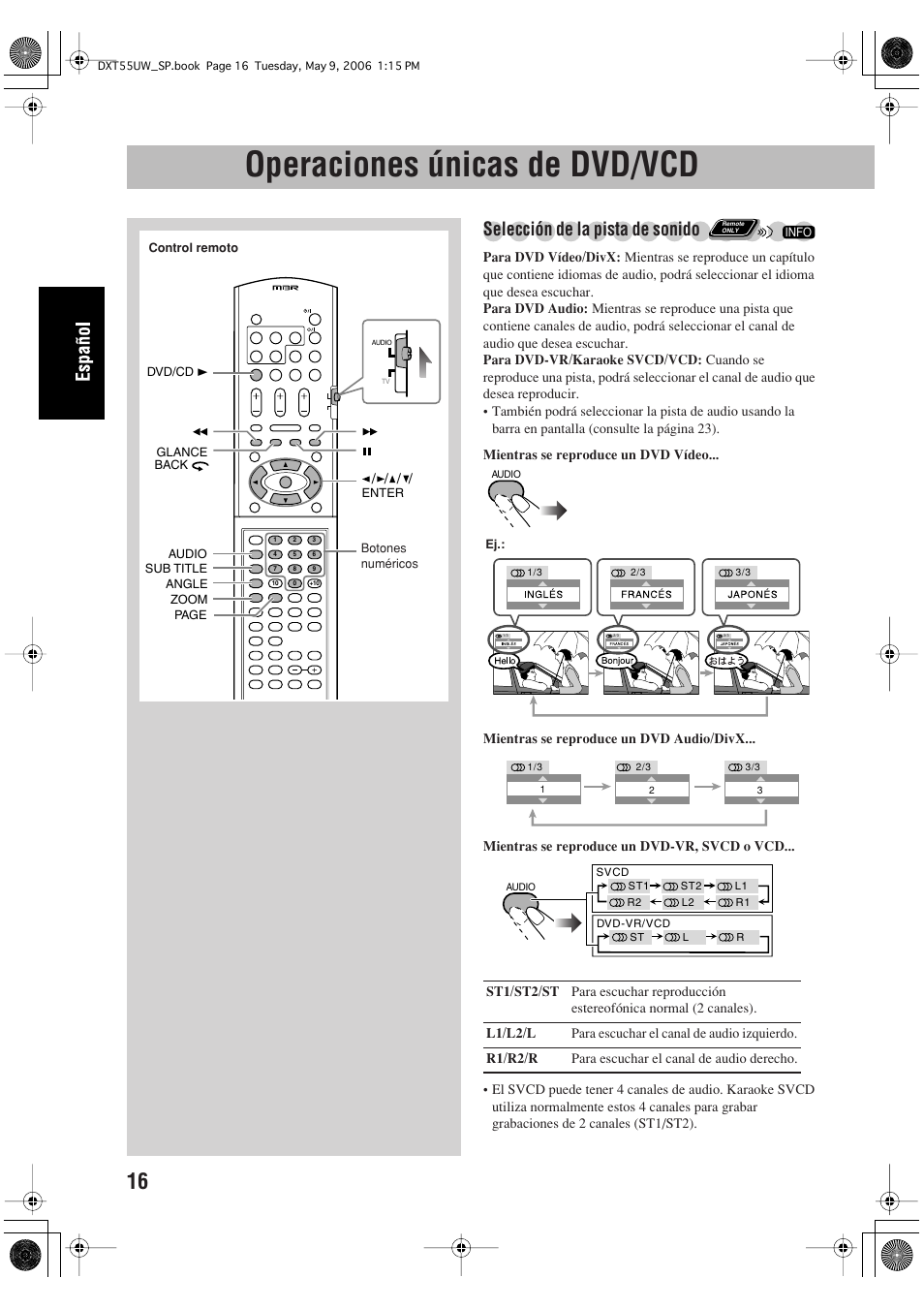 Operaciones únicas de dvd/vcd, Selección de la pista de sonido | JVC DX-T55 User Manual | Page 66 / 144