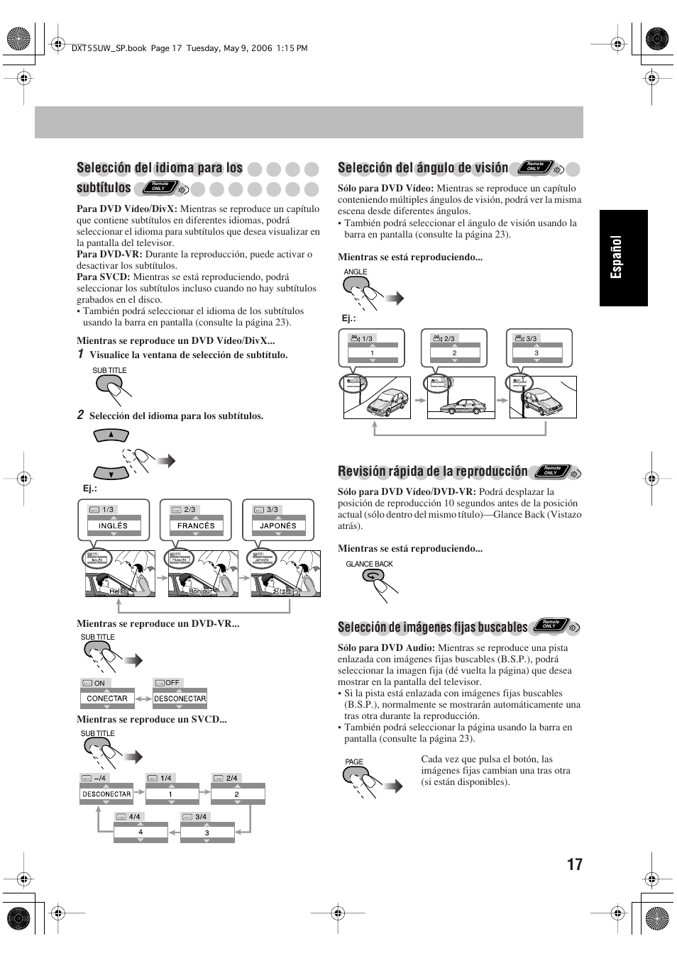 Selección del idioma para los subtítulos, Selección del ángulo de visión, Revisión rápida de la reproducción | Selección de imágenes fijas buscables | JVC DX-T55 User Manual | Page 67 / 144