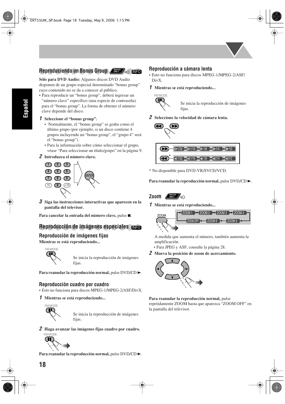 Reproduciendo un bonus group, Reproducción de imágenes especiales | JVC DX-T55 User Manual | Page 68 / 144