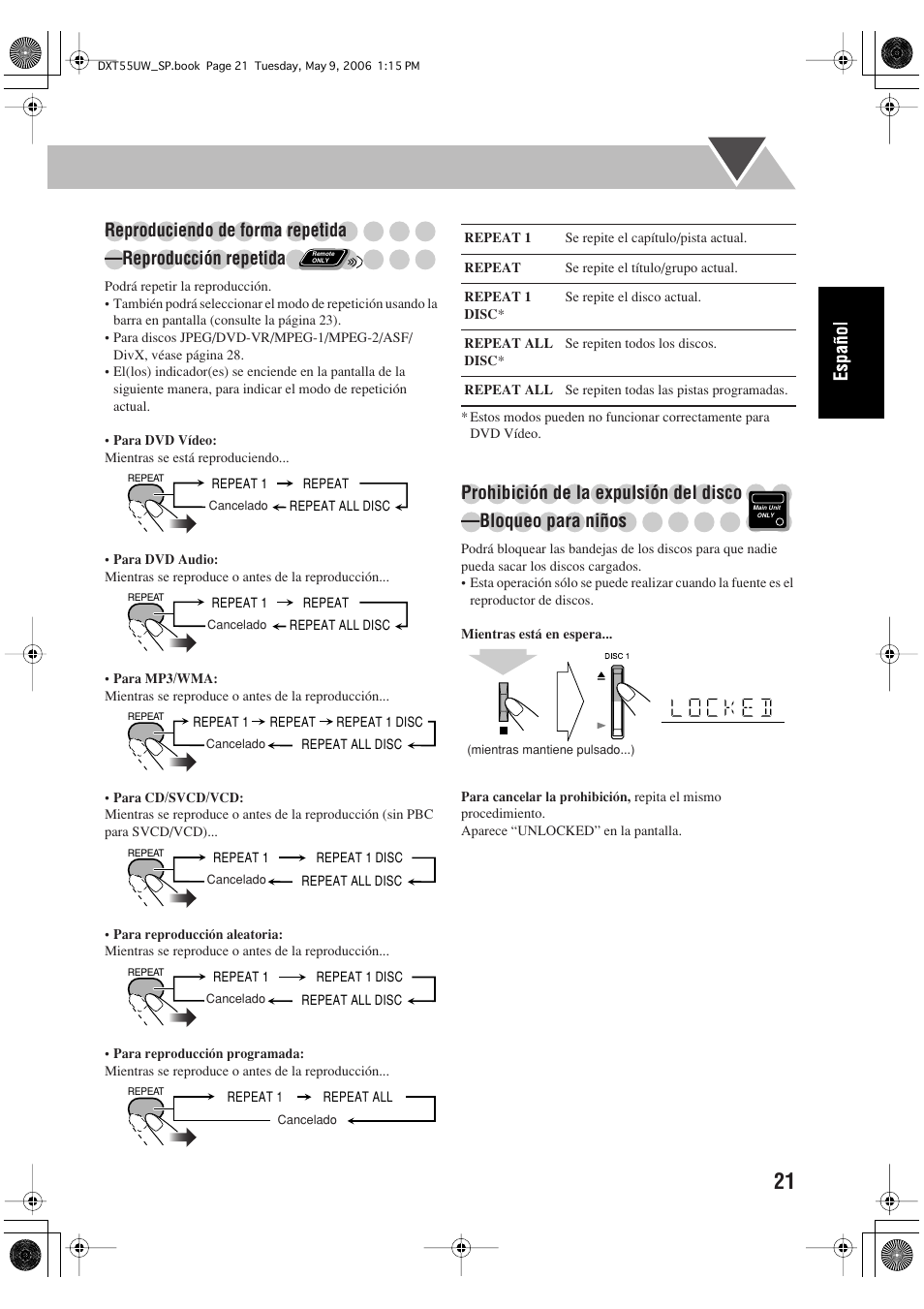 Reproduciendo de forma repetida, Reproducción repetida | JVC DX-T55 User Manual | Page 71 / 144