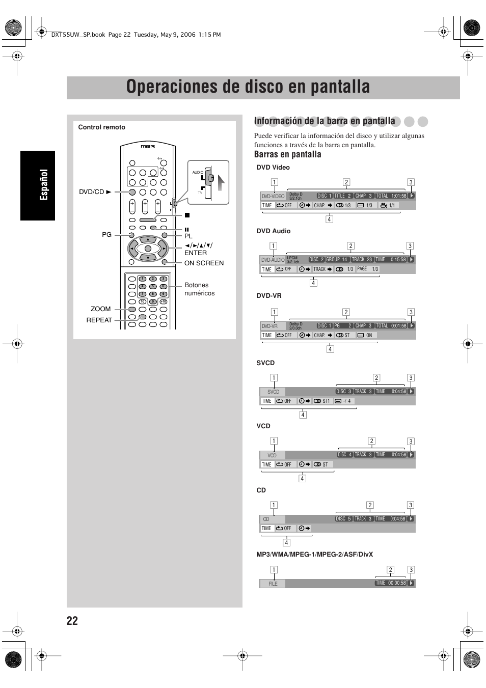 Operaciones de disco en pantalla, Información de la barra en pantalla, Barras en pantalla | JVC DX-T55 User Manual | Page 72 / 144