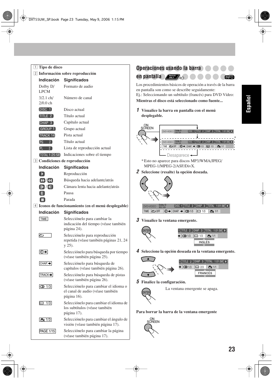 Operaciones usando la barra en pantalla | JVC DX-T55 User Manual | Page 73 / 144