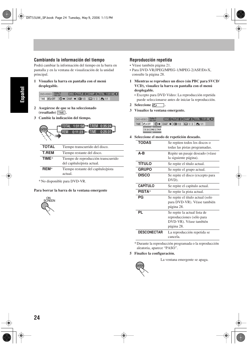 Cambiando la información del tiempo, Reproducción repetida | JVC DX-T55 User Manual | Page 74 / 144