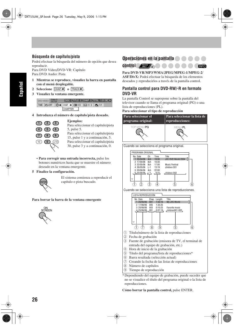 Operaciones en la pantalla control, Búsqueda de capítulo/pista, Pantalla control para dvd-rw/-r en formato dvd-vr | JVC DX-T55 User Manual | Page 76 / 144