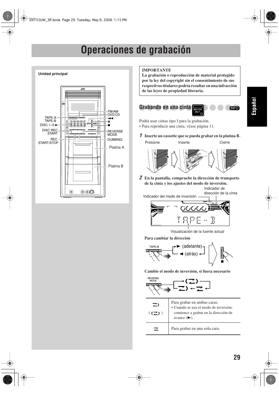 Operaciones de grabación, Grabando en una cinta | JVC DX-T55 User Manual | Page 79 / 144