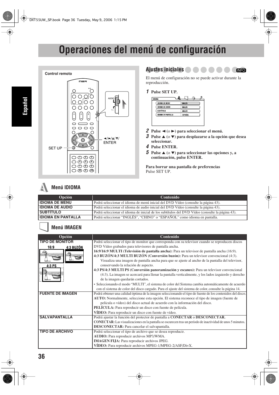 Operaciones del menú de configuración, Ajustes iniciales, Menú idioma menú imagen | JVC DX-T55 User Manual | Page 86 / 144