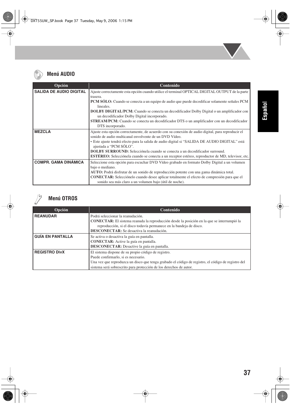 Menú audio, Menú otros | JVC DX-T55 User Manual | Page 87 / 144