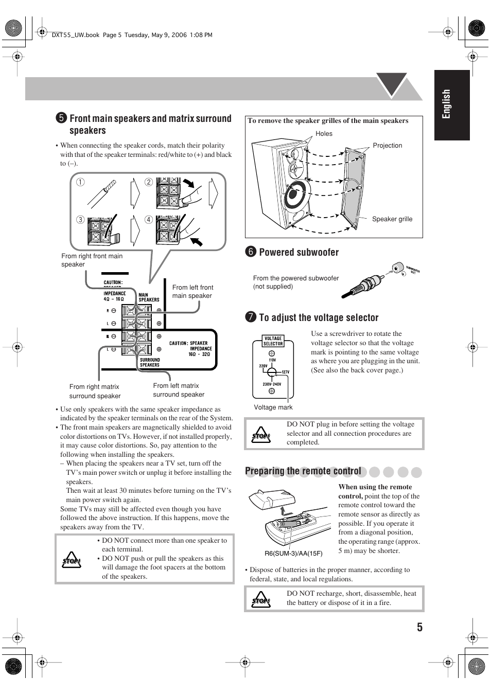 English, Front main speakers and matrix surround speakers, Powered subwoofer | JVC DX-T55 User Manual | Page 9 / 144