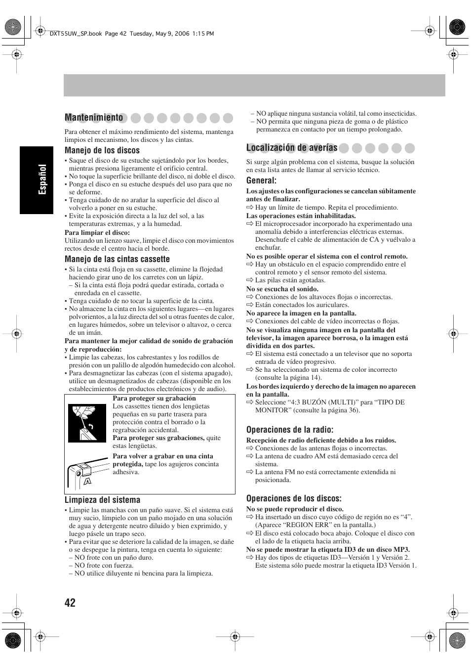 Mantenimiento, Localización de averías | JVC DX-T55 User Manual | Page 92 / 144