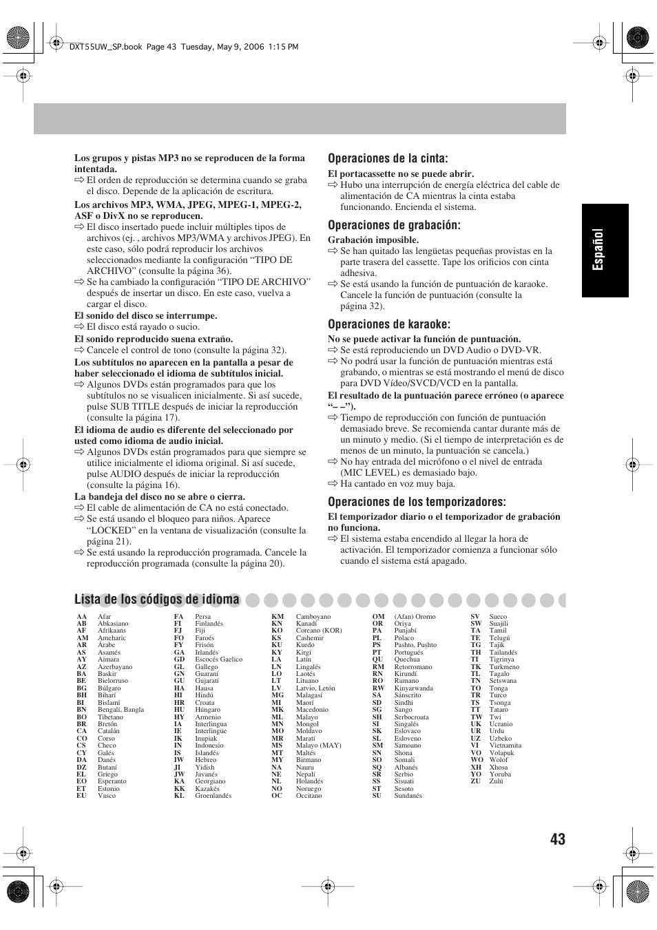 Lista de los códigos de idioma, Operaciones de la cinta, Operaciones de grabación | Operaciones de karaoke, Operaciones de los temporizadores | JVC DX-T55 User Manual | Page 93 / 144