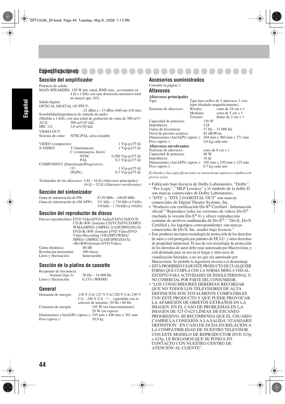 Especificaciones, Sección del amplificador, Sección del sintonizador | Sección del reproductor de discos, Sección de la platina de cassette, General, Accesorios suministrados, Altavoces | JVC DX-T55 User Manual | Page 94 / 144