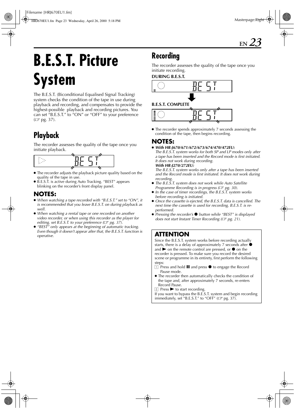 B.e.s.t. picture system, Playback, Recording | Attention | JVC HR-J472EU User Manual | Page 23 / 56