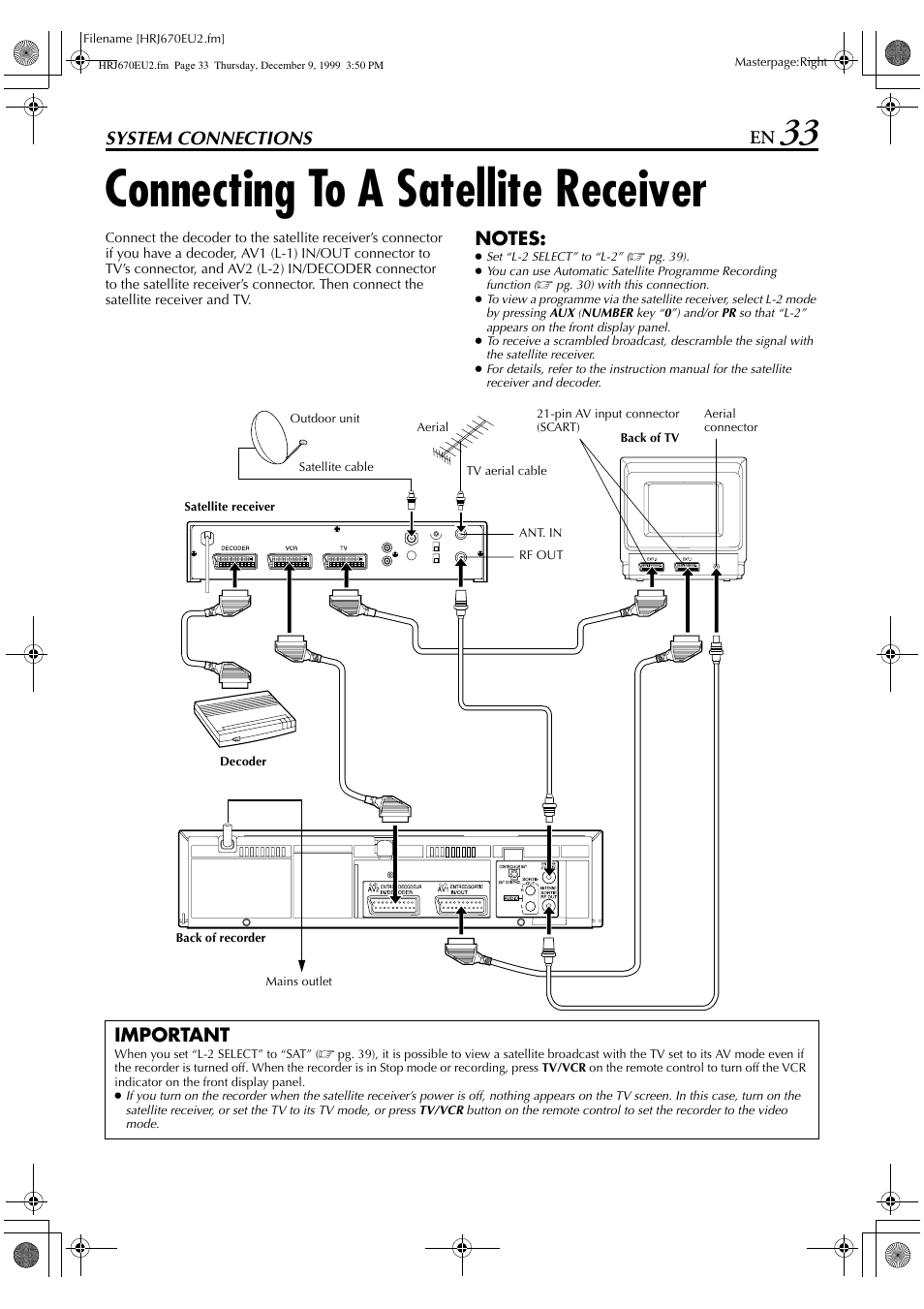 Connecting to a satellite receiver, System connections, Important | JVC HR-J472EU User Manual | Page 33 / 56