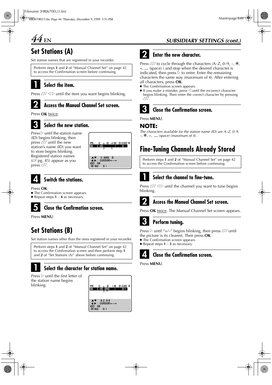 Set stations (a), Set stations (b), Fine-tuning channels already stored | JVC HR-J472EU User Manual | Page 44 / 56