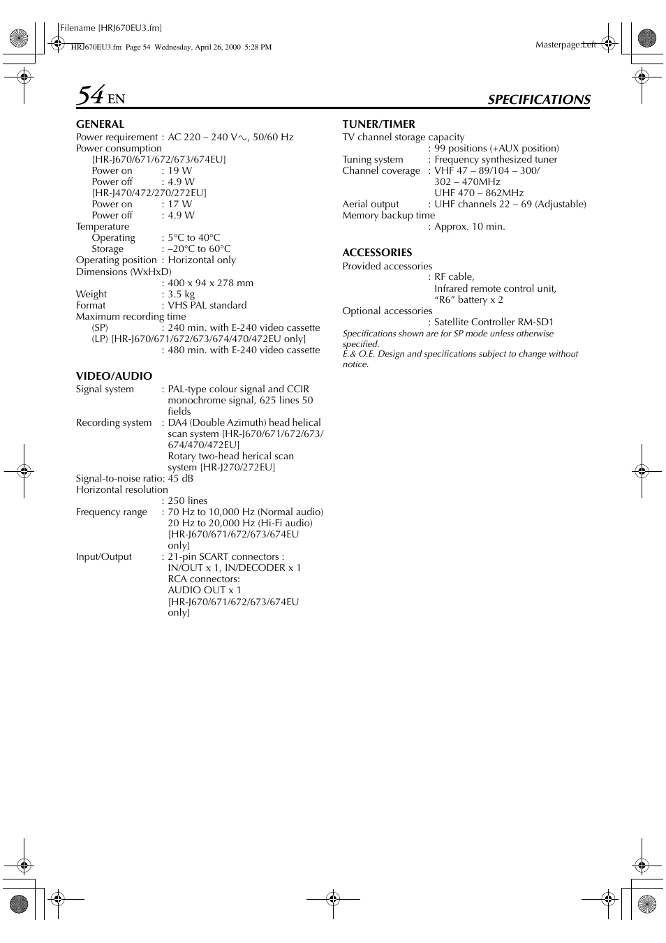 En specifications | JVC HR-J472EU User Manual | Page 54 / 56