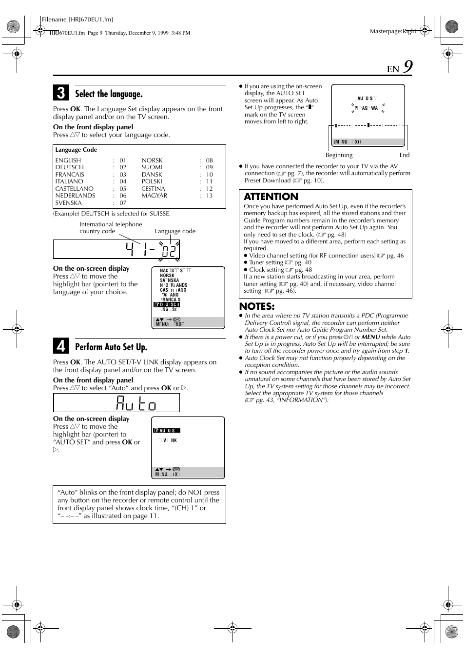 Select the language, Perform auto set up, Attention | JVC HR-J472EU User Manual | Page 9 / 56