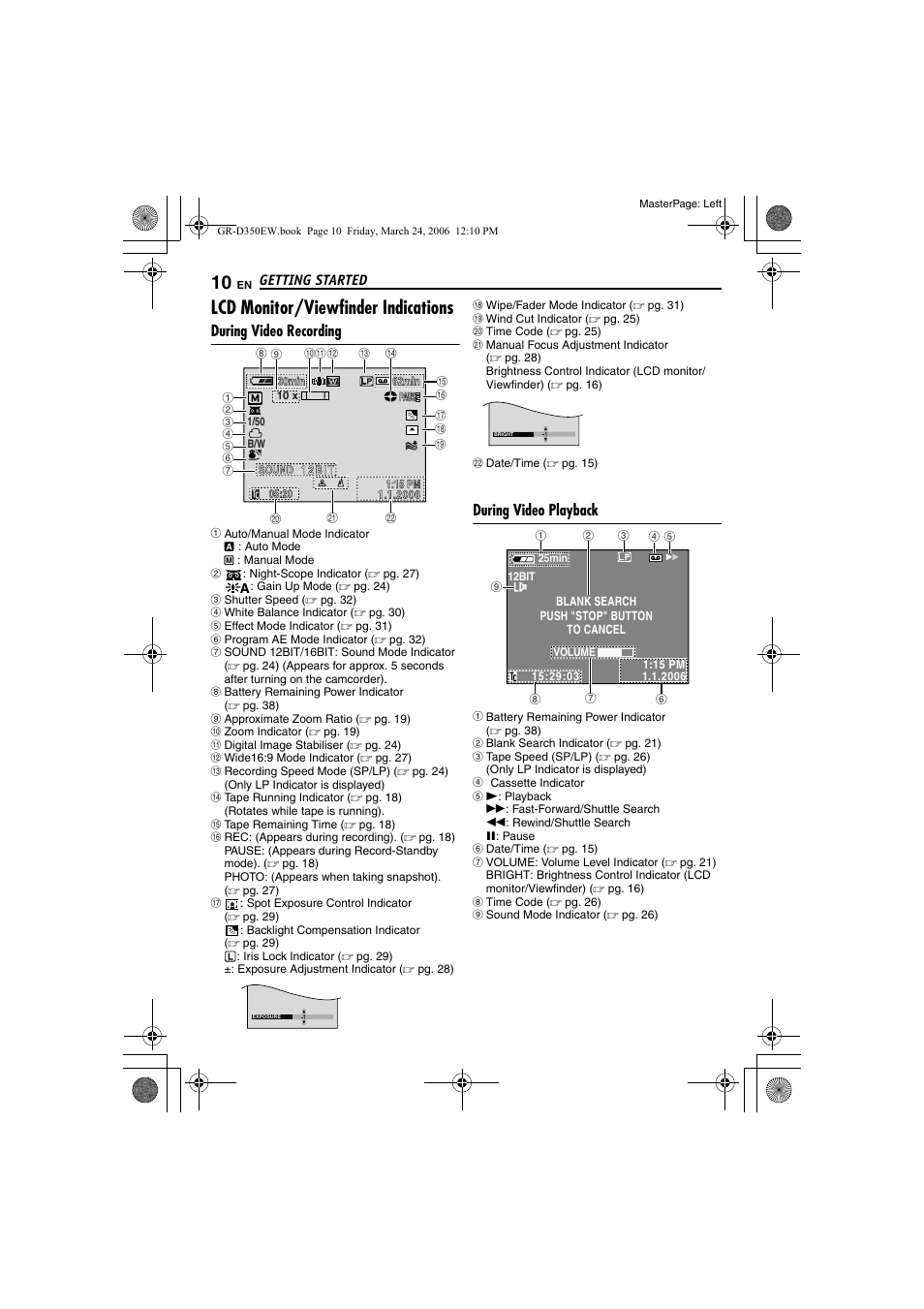 Lcd monitor/viewfinder indications, During video recording, During video playback | JVC GR-D350EW User Manual | Page 10 / 44