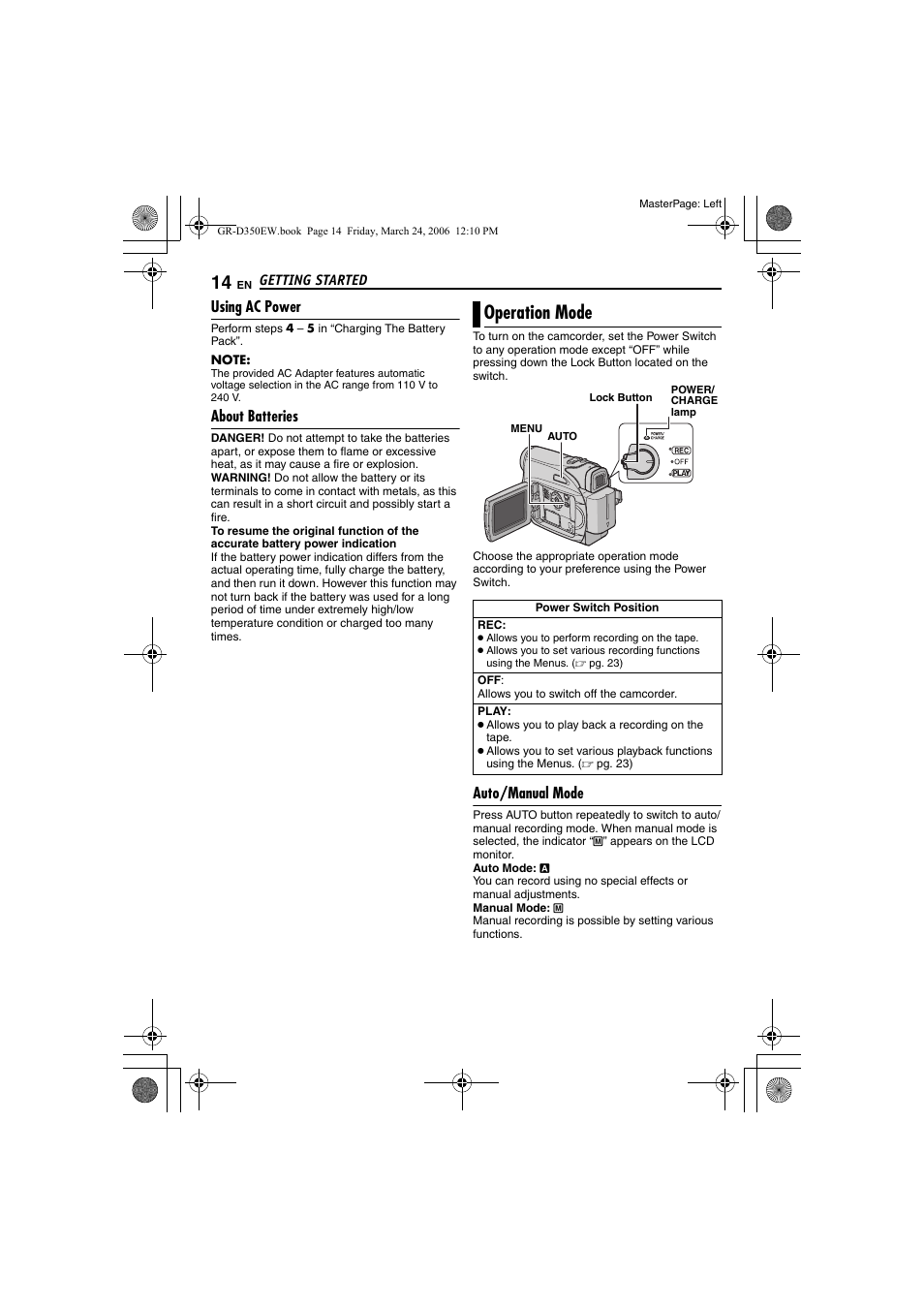 Operation mode, Using ac power, About batteries | Auto/manual mode | JVC GR-D350EW User Manual | Page 14 / 44